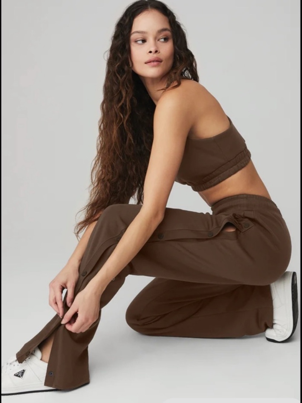 Alo courtside tear away snap pants sweats sweat pants chocolate brown stripe XS